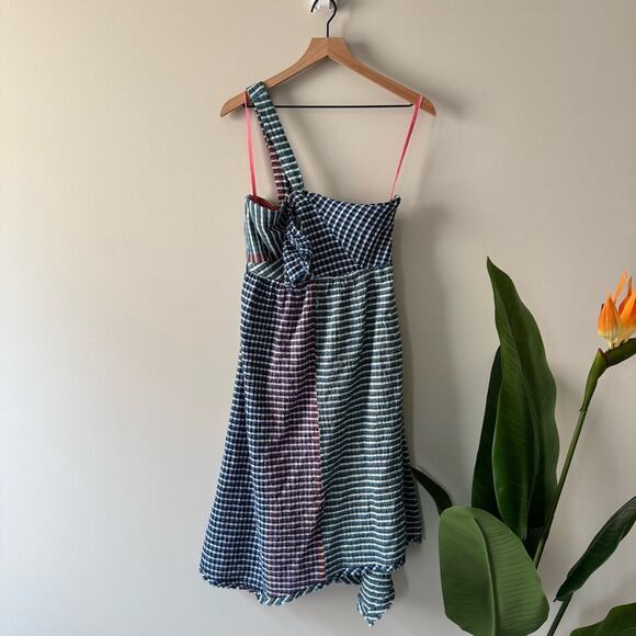Anthropologie Maeve Waverly Dress One-Shoulder Checkered gingham midi asymmetric - Picture 3 of 16